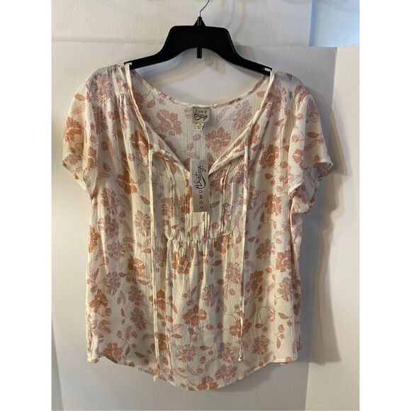 Com Vintage xl cream pink shirt top rayon Blend ties at neck NEW #129450 - Picture 1 of 7